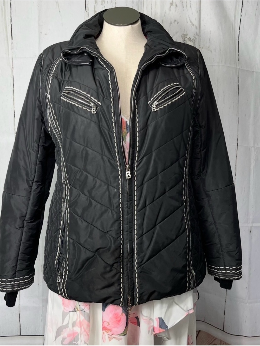 Bogner Black Quilted Puffer is Jacket with White Trim